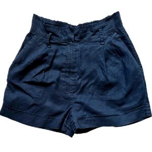 Mango Linen Cotton Blend Blue Shorts Paper Bag High Rise Pleated Size S